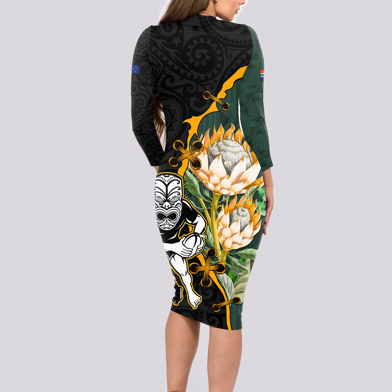 Custom South Africa Protea and New Zealand Long Sleeve Bodycon Dress Go All Black-Springboks Rugby with Kente And Maori LT9