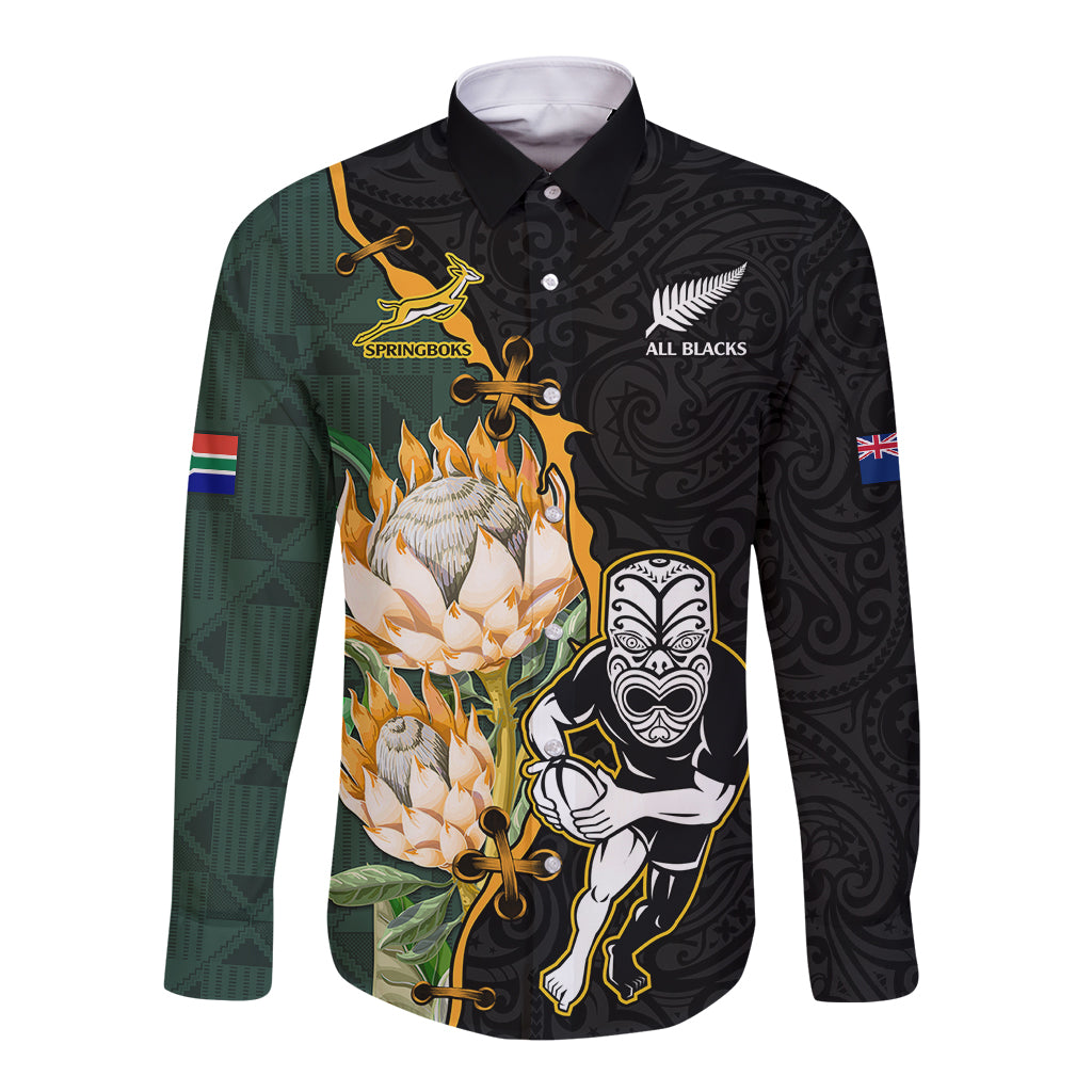 Custom South Africa Protea and New Zealand Long Sleeve Button Shirt Go All Black-Springboks Rugby with Kente And Maori - Vibe Hoodie Shop