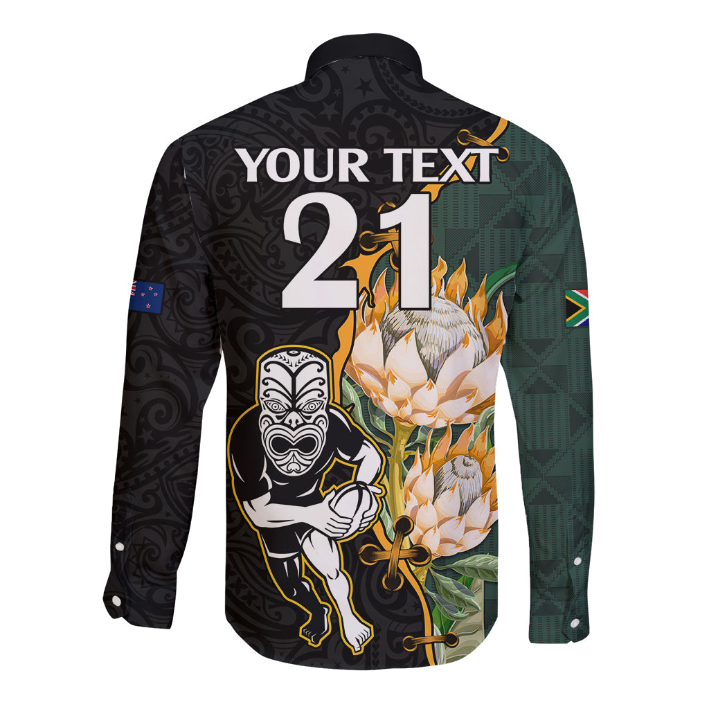 Custom South Africa Protea and New Zealand Long Sleeve Button Shirt Go All Black-Springboks Rugby with Kente And Maori - Vibe Hoodie Shop