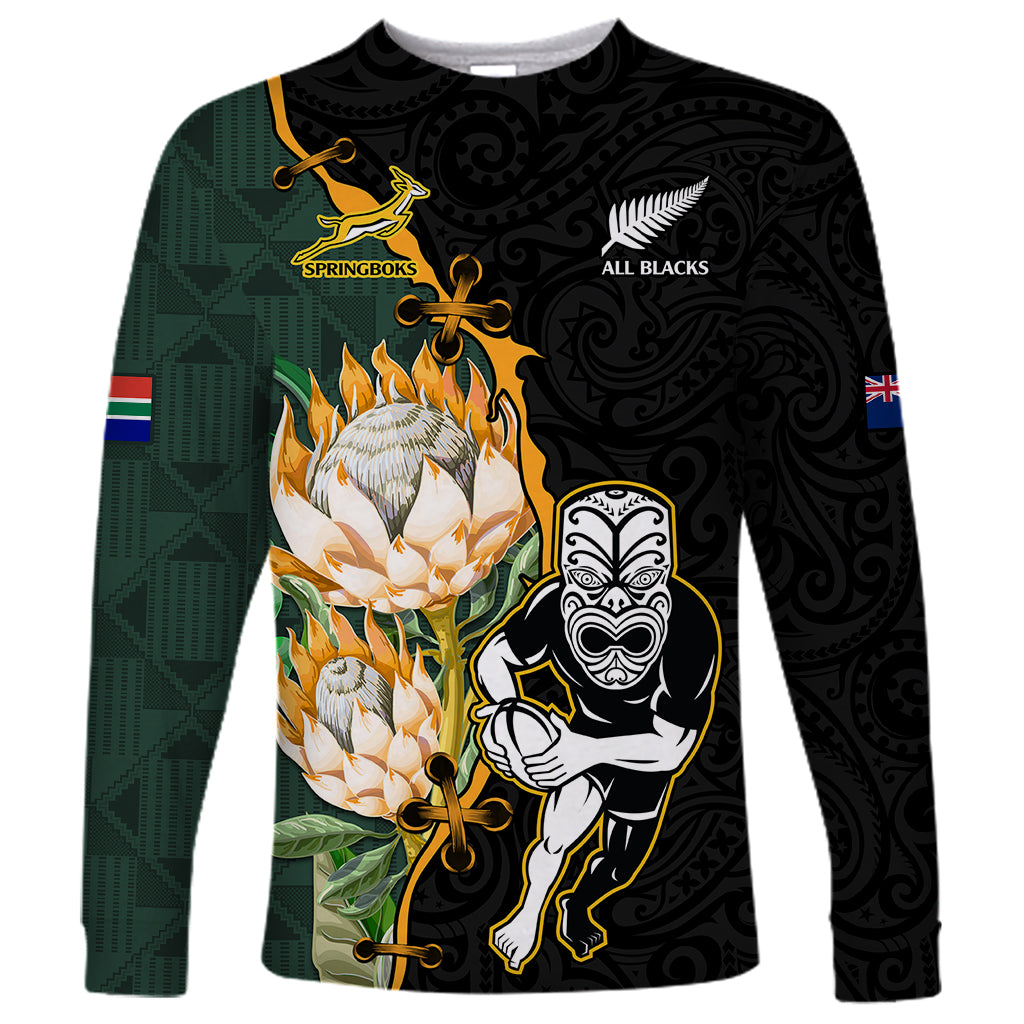 Custom South Africa Protea and New Zealand Long Sleeve Shirt Go All Black-Springboks Rugby with Kente And Maori - Vibe Hoodie Shop