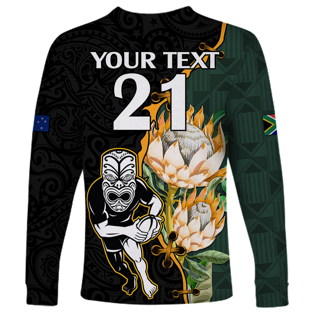 Custom South Africa Protea and New Zealand Long Sleeve Shirt Go All Black-Springboks Rugby with Kente And Maori - Vibe Hoodie Shop