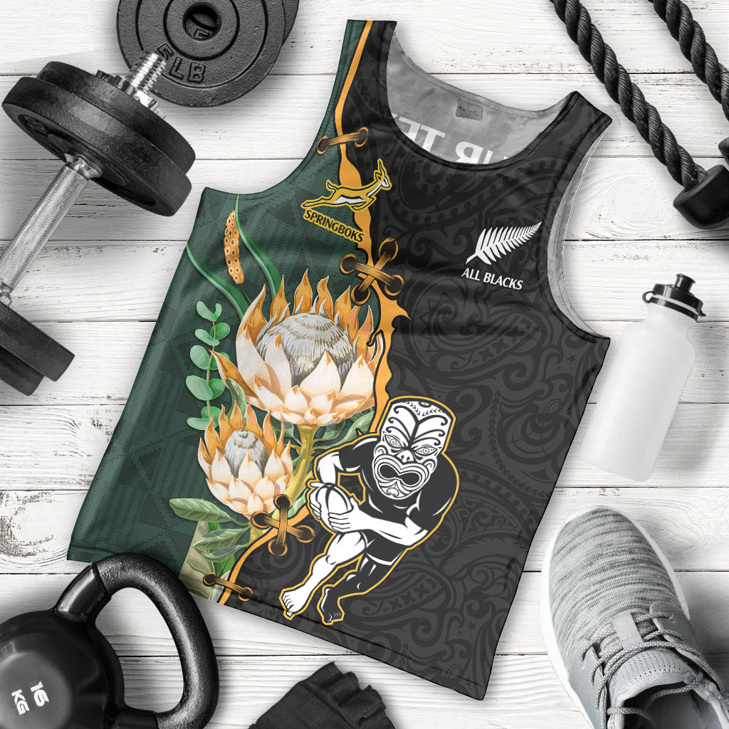 Custom South Africa Protea and New Zealand Men Tank Top Go All Black-Springboks Rugby with Kente And Maori - Vibe Hoodie Shop