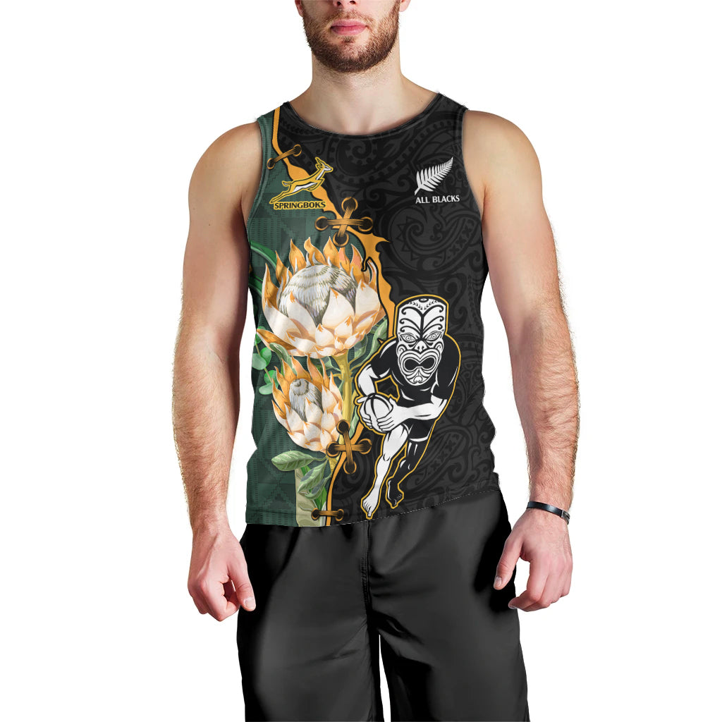 Custom South Africa Protea and New Zealand Men Tank Top Go All Black-Springboks Rugby with Kente And Maori - Vibe Hoodie Shop