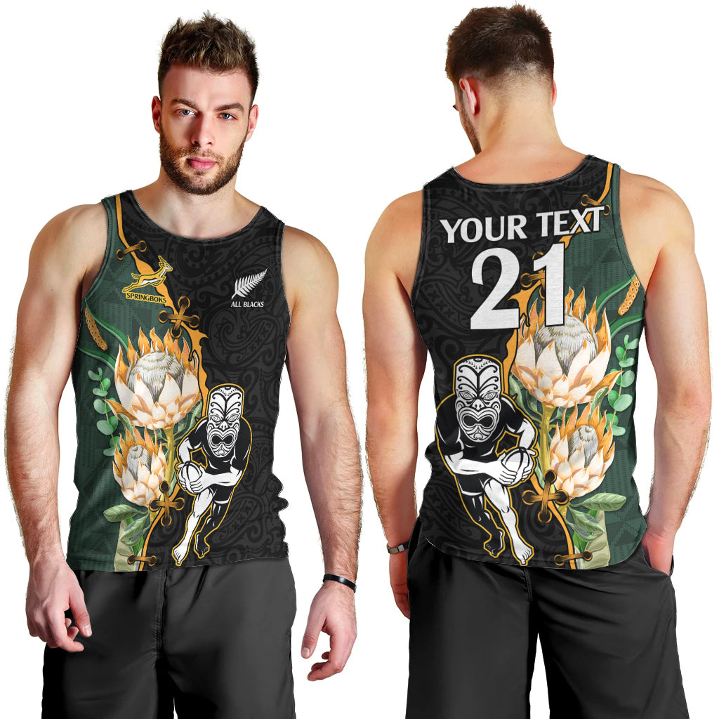 Custom South Africa Protea and New Zealand Men Tank Top Go All Black-Springboks Rugby with Kente And Maori - Vibe Hoodie Shop