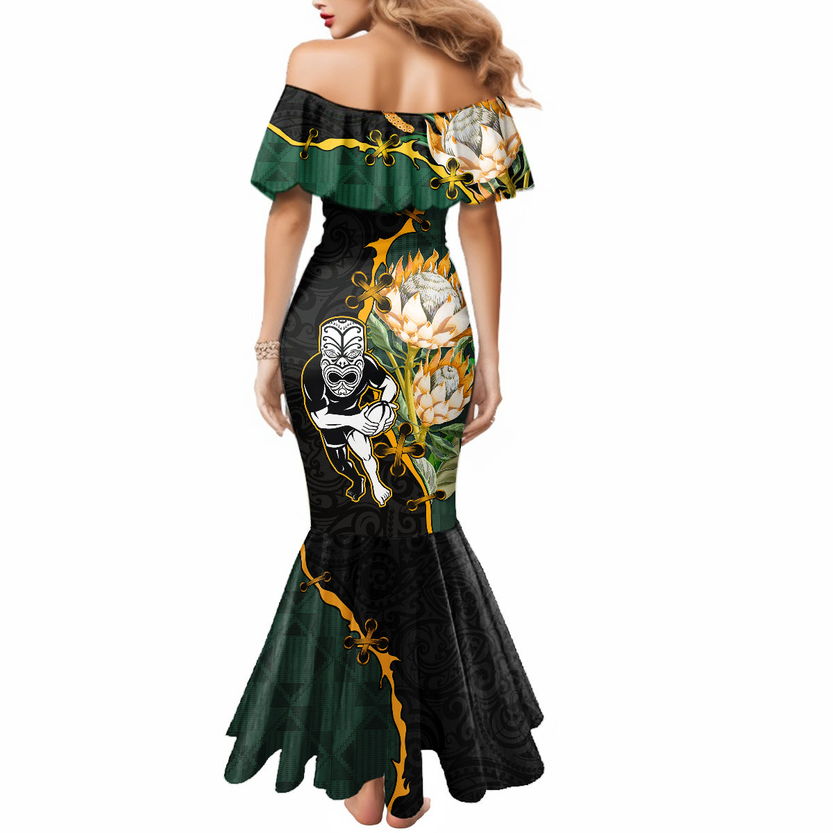 Custom South Africa Protea and New Zealand Mermaid Dress Go All Black-Springboks Rugby with Kente And Maori LT9