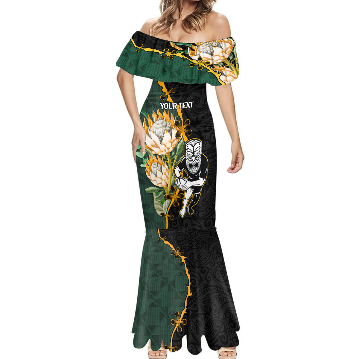 Custom South Africa Protea and New Zealand Mermaid Dress Go All Black-Springboks Rugby with Kente And Maori LT9