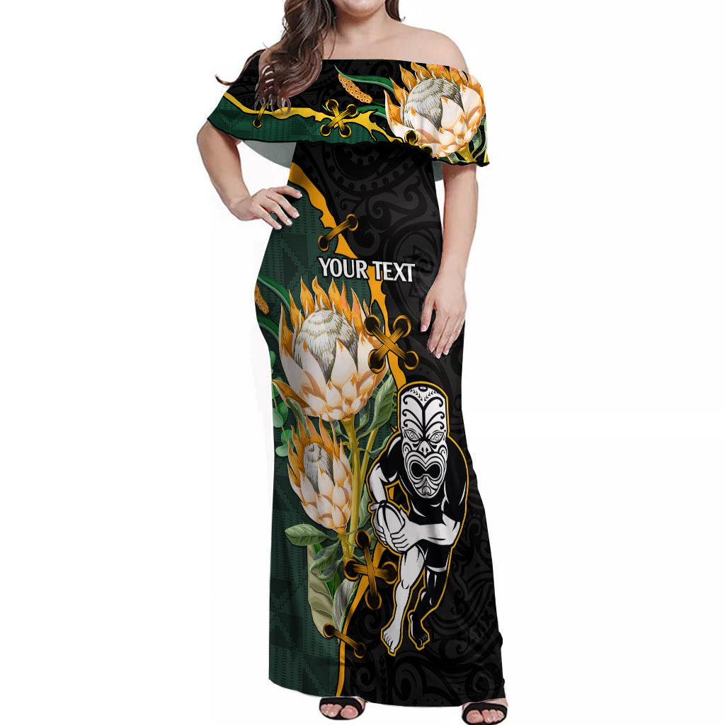 Custom South Africa Protea and New Zealand Off Shoulder Maxi Dress Go All Black-Springboks Rugby with Kente And Maori - Vibe Hoodie Shop