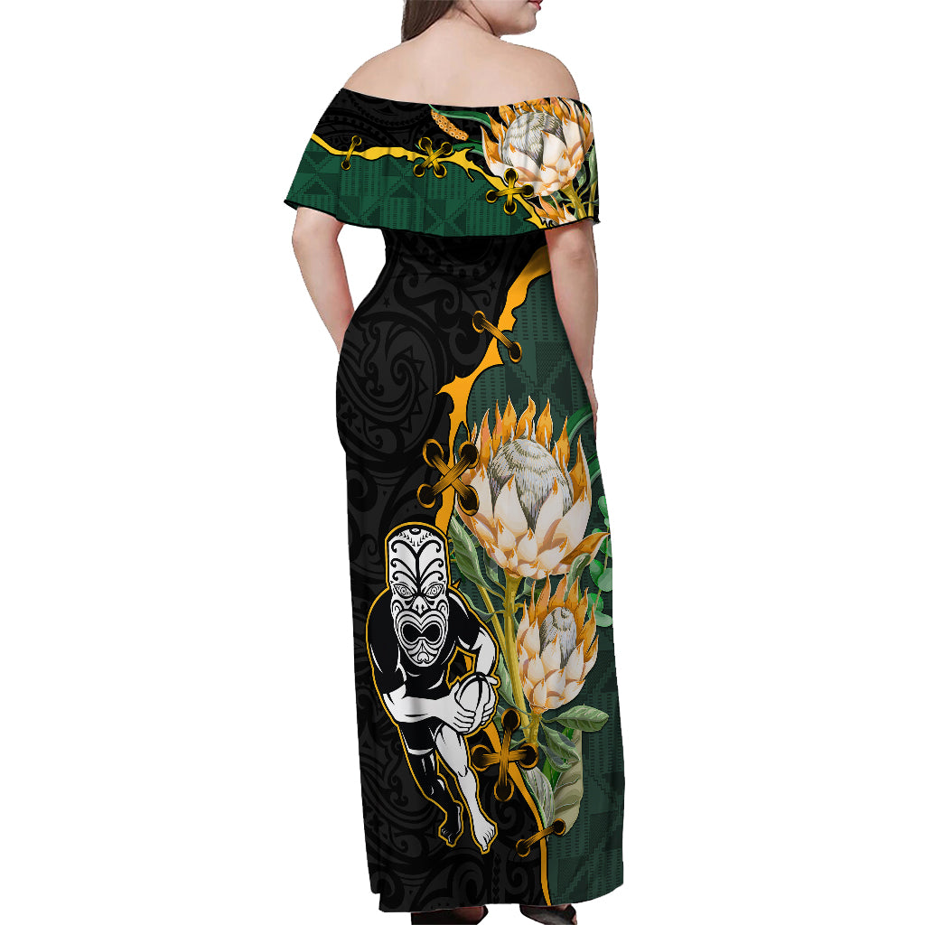 Custom South Africa Protea and New Zealand Off Shoulder Maxi Dress Go All Black-Springboks Rugby with Kente And Maori - Vibe Hoodie Shop