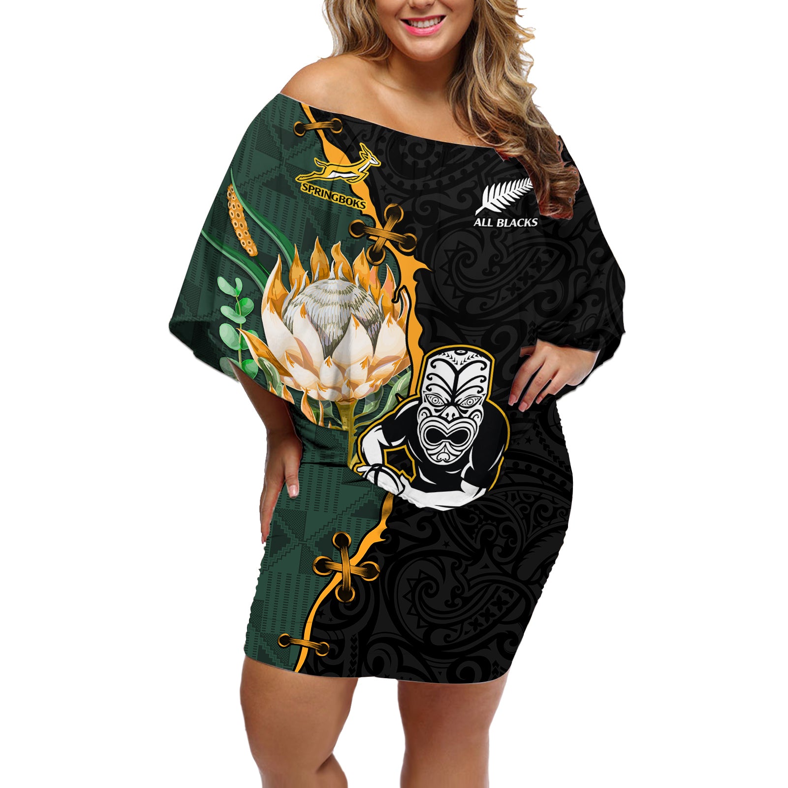 Custom South Africa Protea and New Zealand Off Shoulder Short Dress Go All Black-Springboks Rugby with Kente And Maori LT9