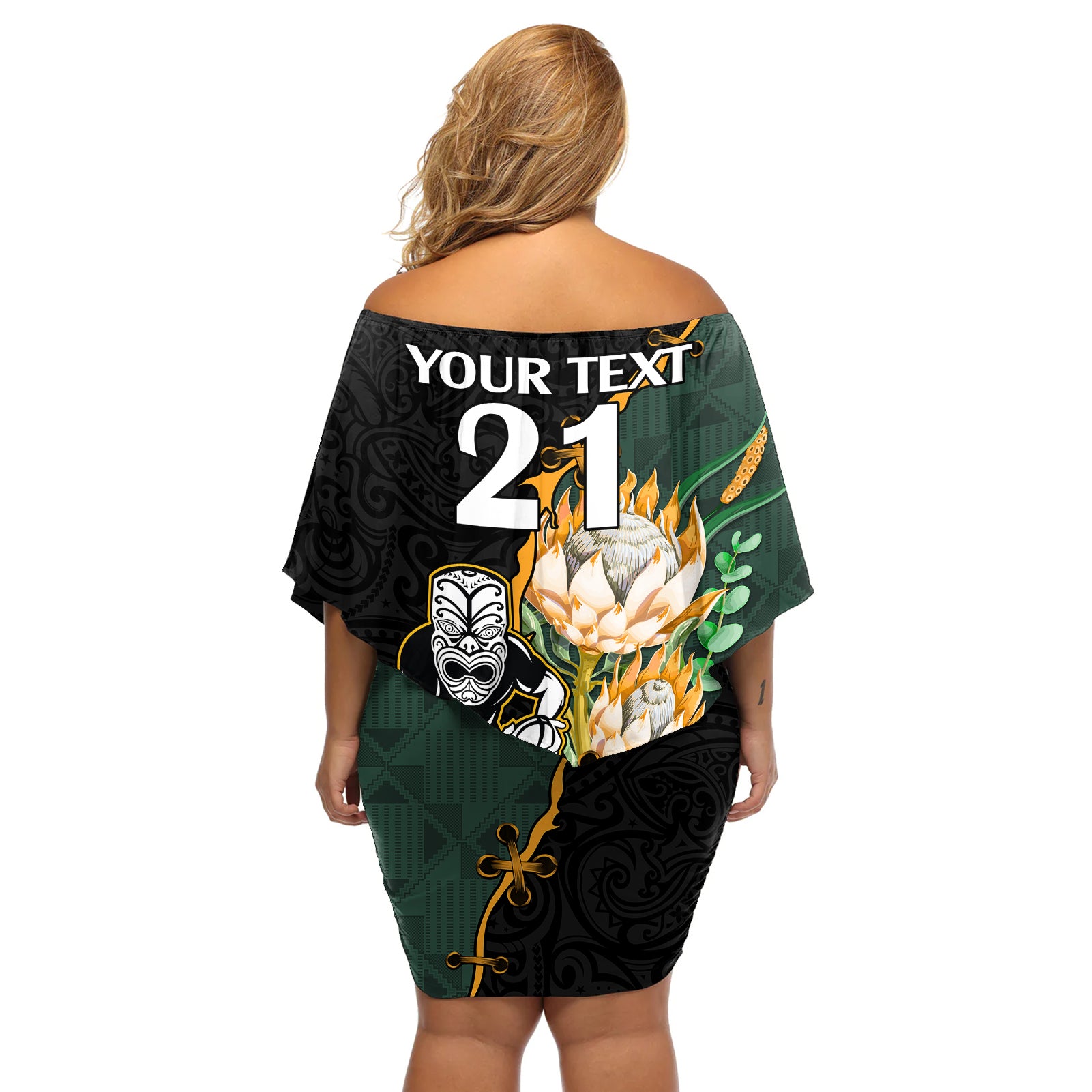 Custom South Africa Protea and New Zealand Off Shoulder Short Dress Go All Black-Springboks Rugby with Kente And Maori LT9