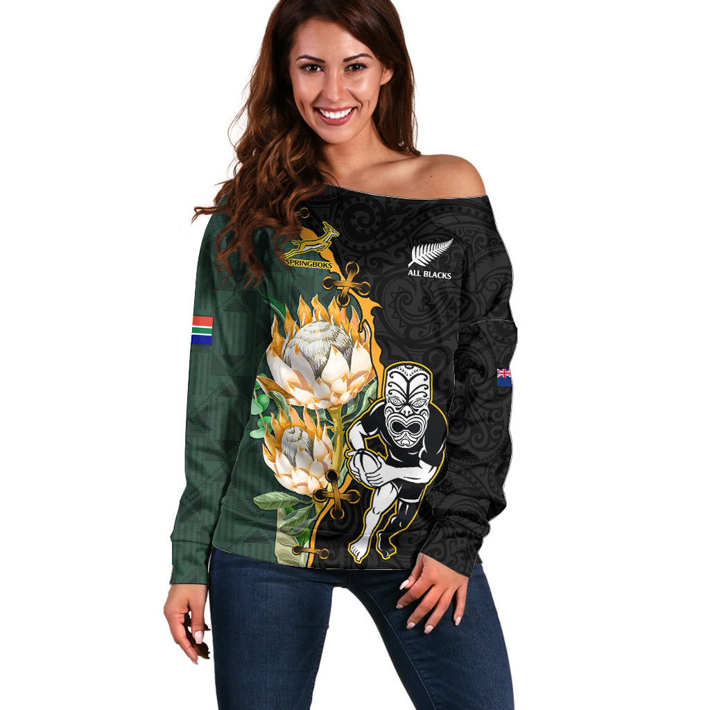 Custom South Africa Protea and New Zealand Off Shoulder Sweater Go All Black-Springboks Rugby with Kente And Maori - Vibe Hoodie Shop