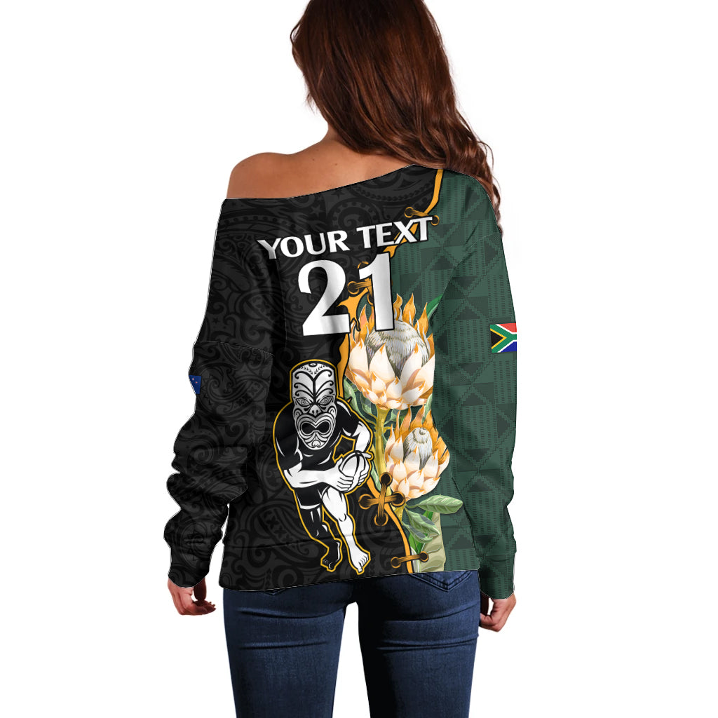 Custom South Africa Protea and New Zealand Off Shoulder Sweater Go All Black-Springboks Rugby with Kente And Maori - Vibe Hoodie Shop