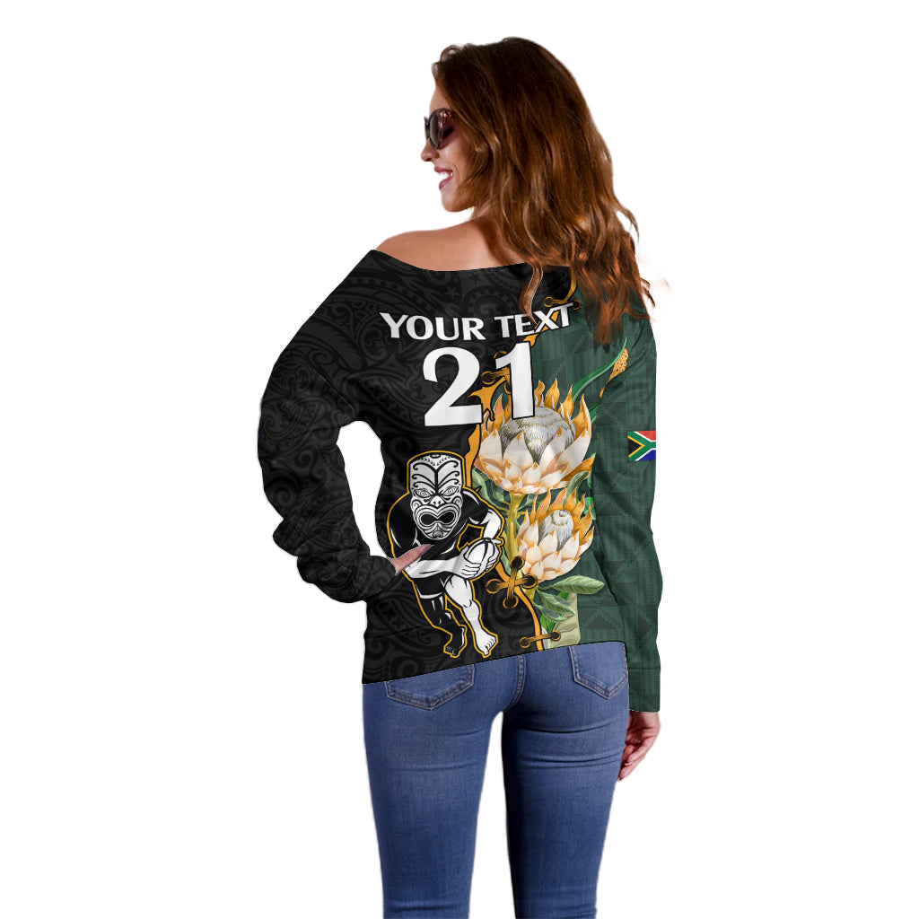 Custom South Africa Protea and New Zealand Off Shoulder Sweater Go All Black-Springboks Rugby with Kente And Maori - Vibe Hoodie Shop