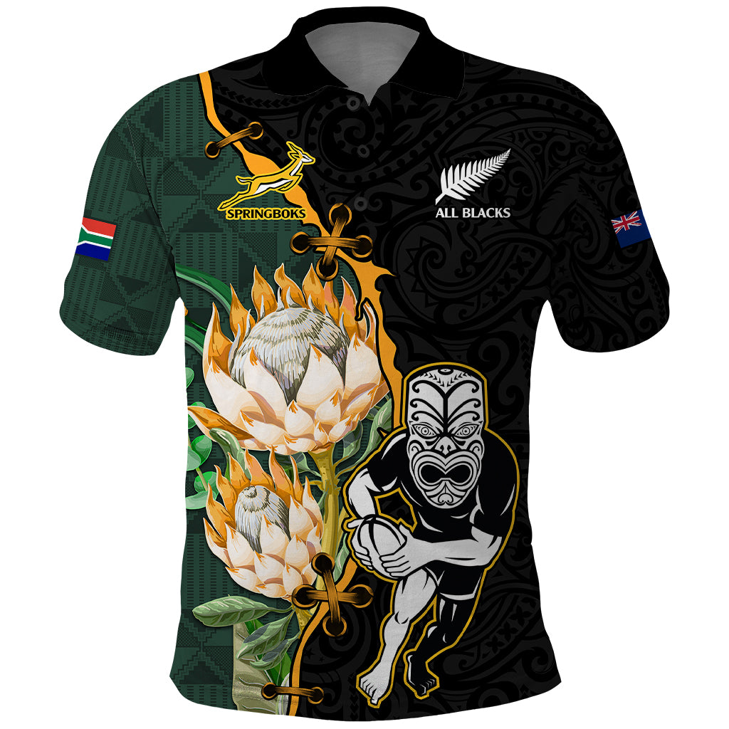 Custom South Africa Protea and New Zealand Polo Shirt Go All Black-Springboks Rugby with Kente And Maori LT9 - Vibe Hoodie Shop