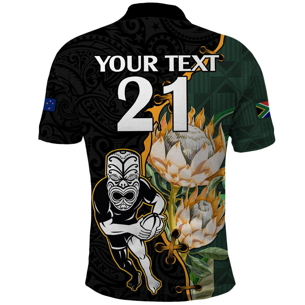 Custom South Africa Protea and New Zealand Polo Shirt Go All Black-Springboks Rugby with Kente And Maori LT9 - Vibe Hoodie Shop