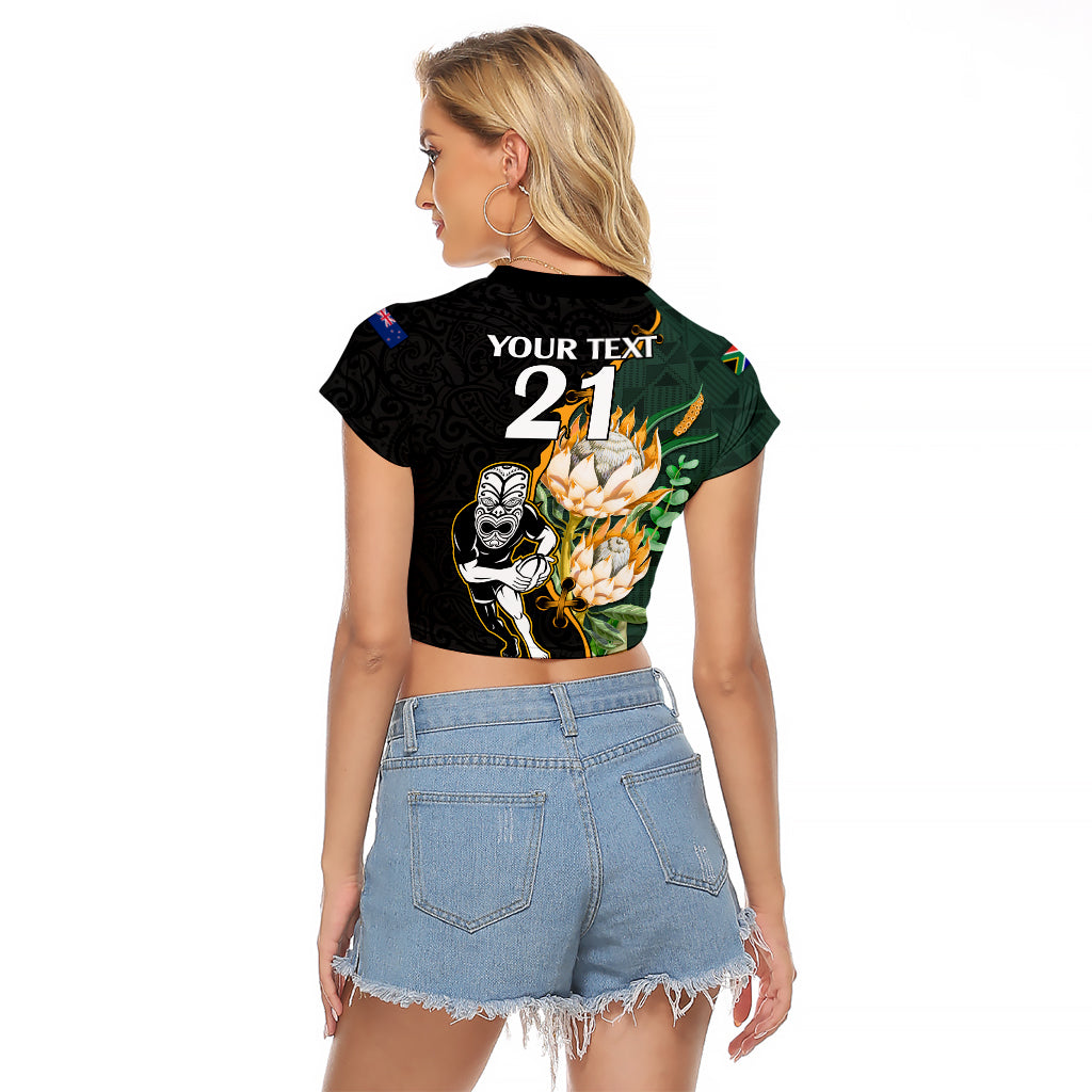 Custom South Africa Protea and New Zealand Raglan Cropped T Shirt Go All Black-Springboks Rugby with Kente And Maori - Vibe Hoodie Shop