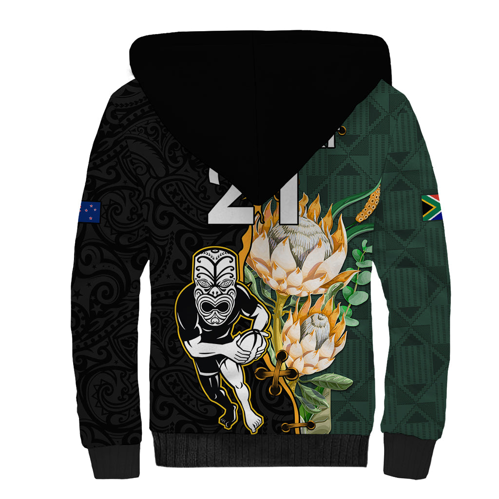 Custom South Africa Protea and New Zealand Sherpa Hoodie Go All Black-Springboks Rugby with Kente And Maori - Vibe Hoodie Shop