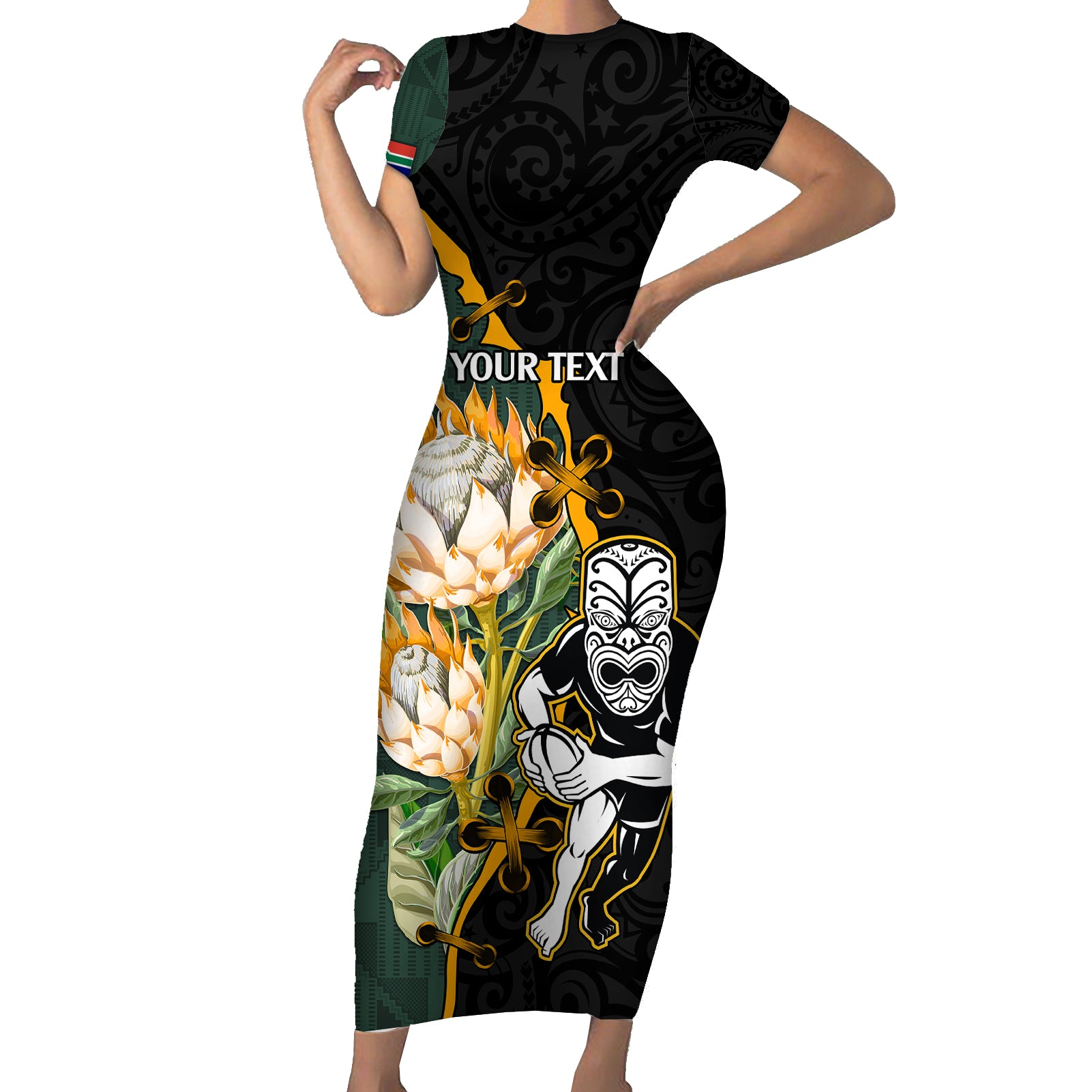 Custom South Africa Protea and New Zealand Short Sleeve Bodycon Dress Go All Black-Springboks Rugby with Kente And Maori LT9