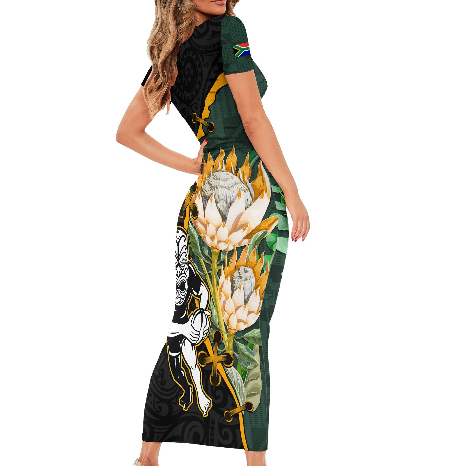 Custom South Africa Protea and New Zealand Short Sleeve Bodycon Dress Go All Black-Springboks Rugby with Kente And Maori LT9