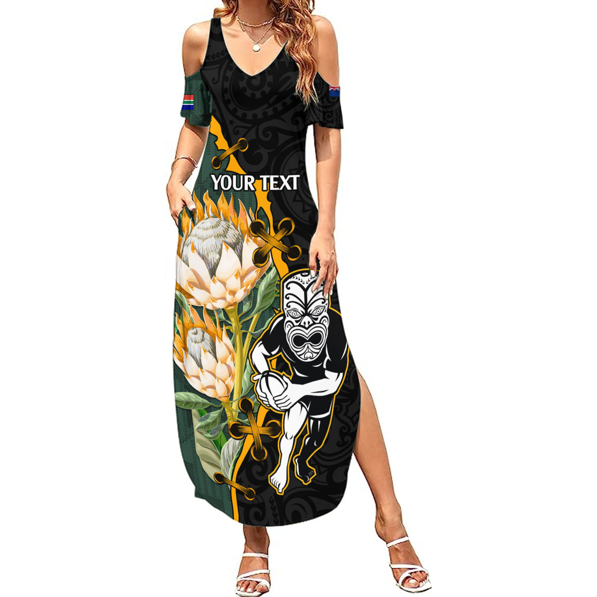 Custom South Africa Protea and New Zealand Summer Maxi Dress Go All Black-Springboks Rugby with Kente And Maori LT9