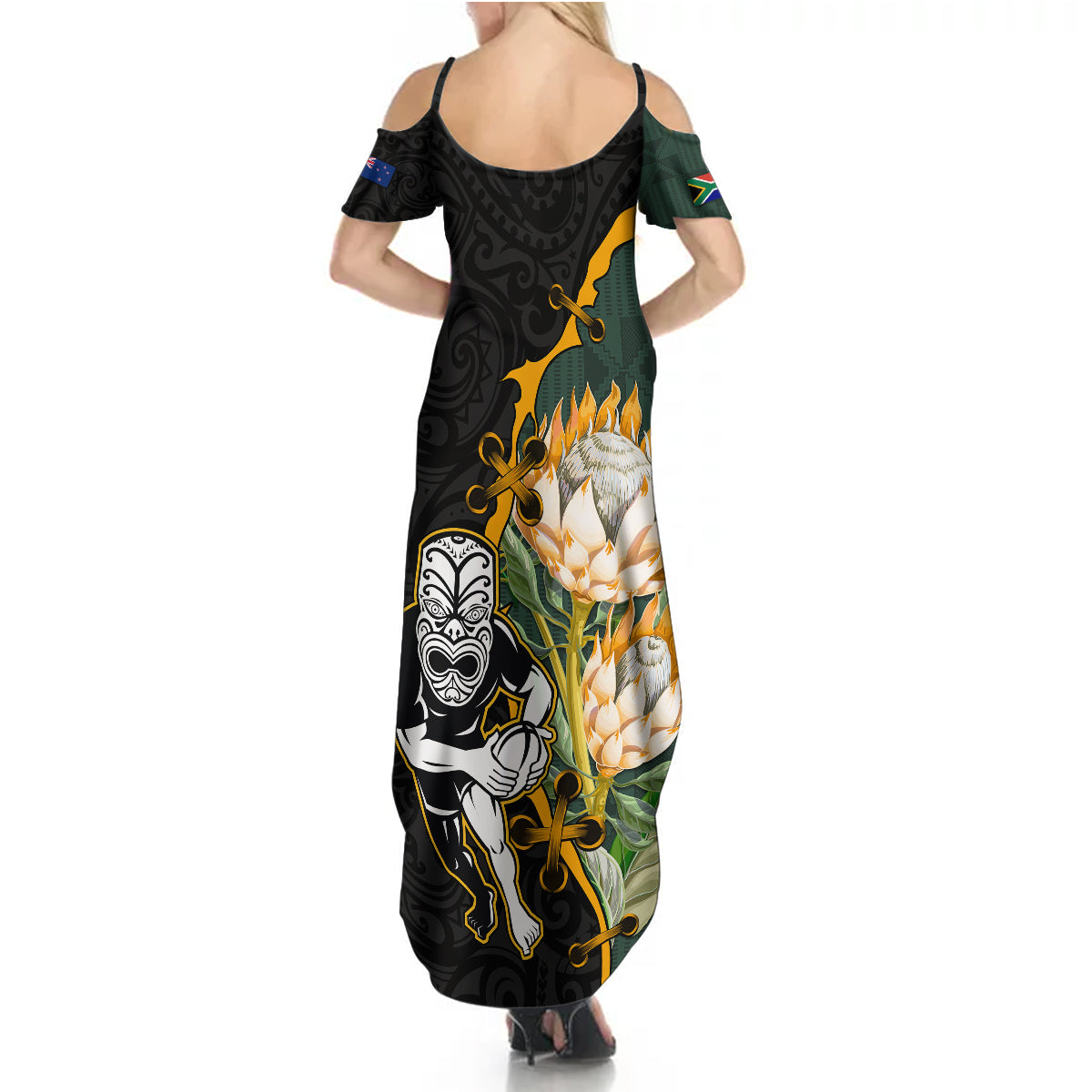 Custom South Africa Protea and New Zealand Summer Maxi Dress Go All Black-Springboks Rugby with Kente And Maori LT9