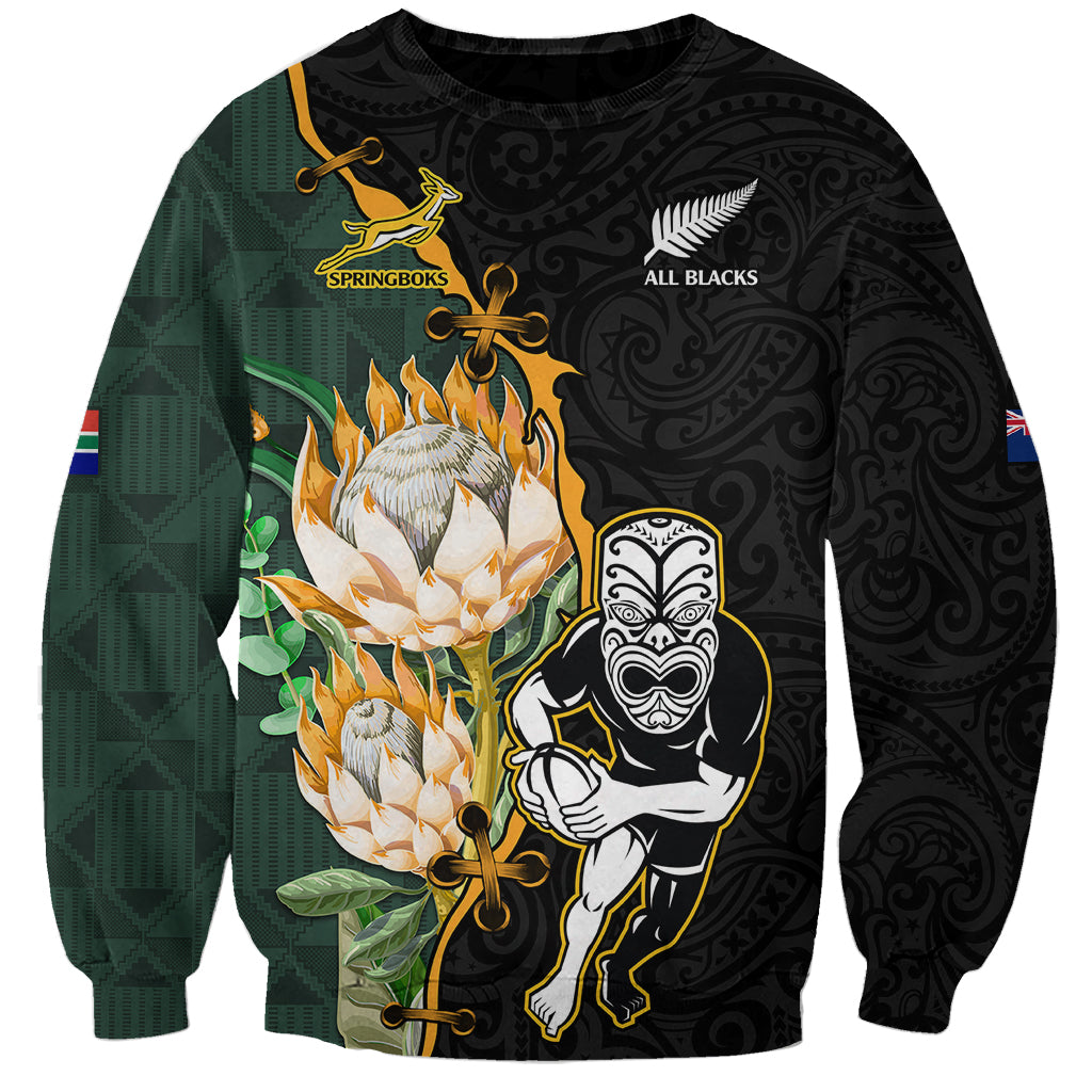 Custom South Africa Protea and New Zealand Sweatshirt Go All Black-Springboks Rugby with Kente And Maori - Vibe Hoodie Shop