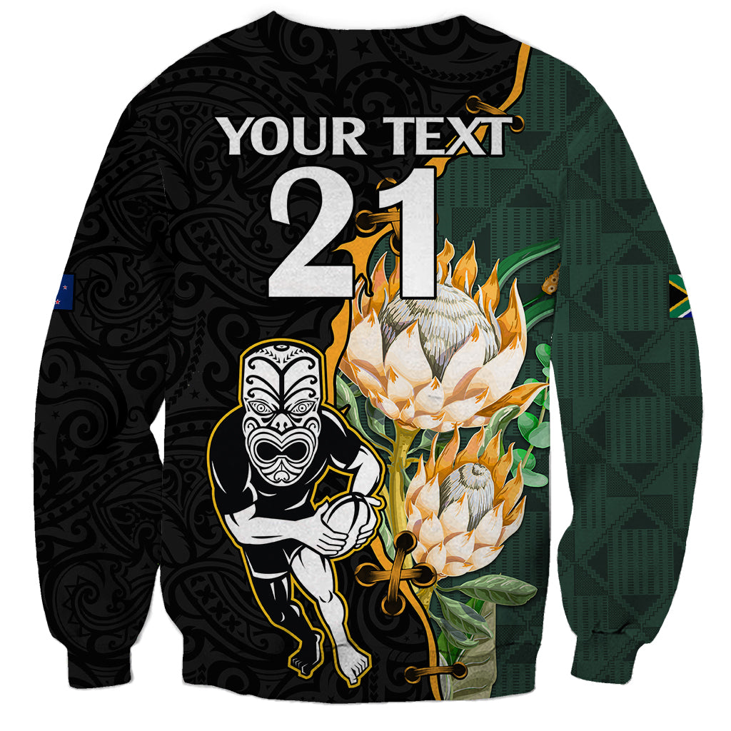 Custom South Africa Protea and New Zealand Sweatshirt Go All Black-Springboks Rugby with Kente And Maori - Vibe Hoodie Shop