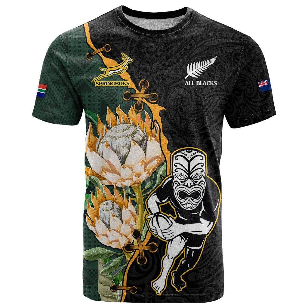 Custom South Africa Protea and New Zealand T Shirt Go All Black-Springboks Rugby with Kente And Maori LT9 - Vibe Hoodie Shop