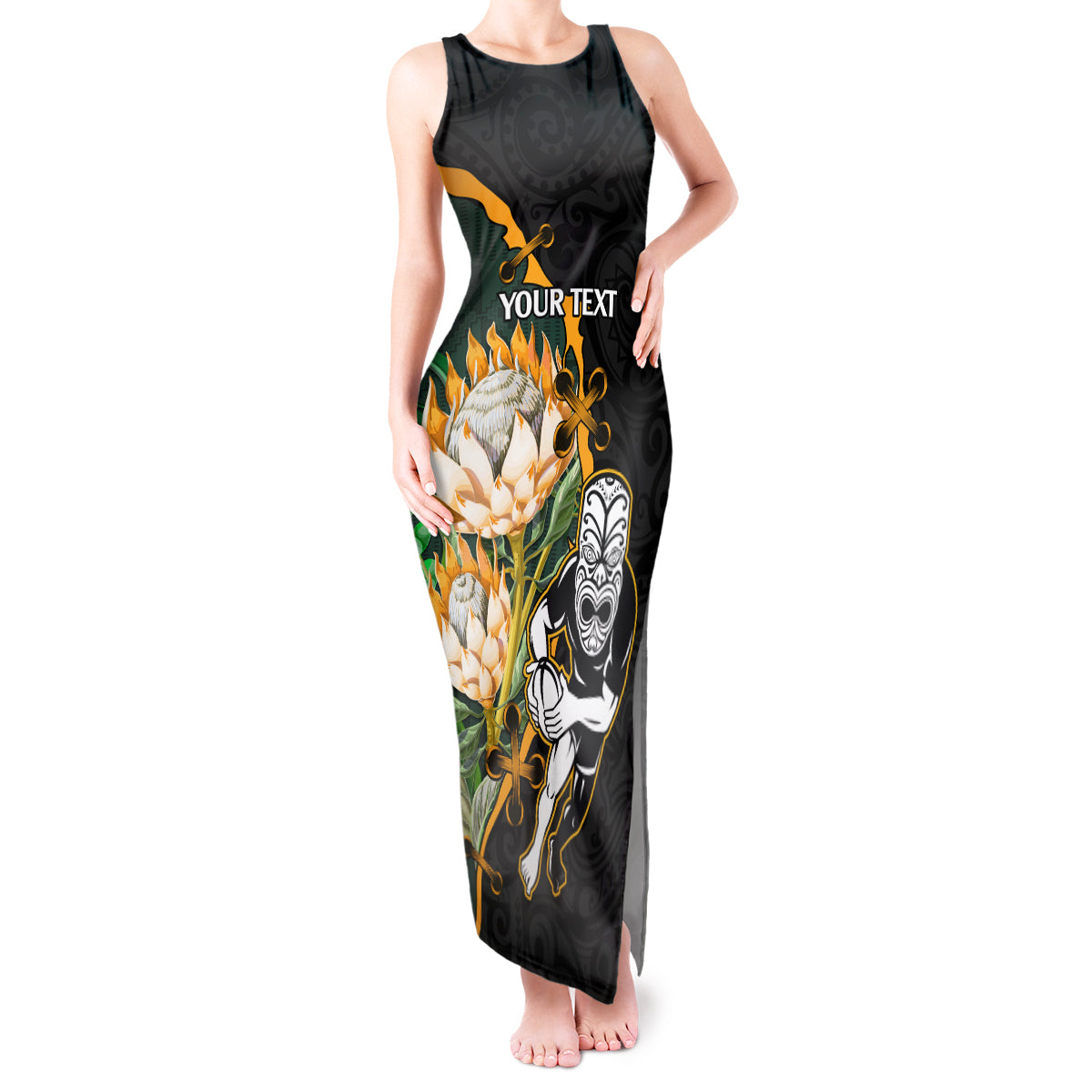 Custom South Africa Protea and New Zealand Tank Maxi Dress Go All Black-Springboks Rugby with Kente And Maori LT9