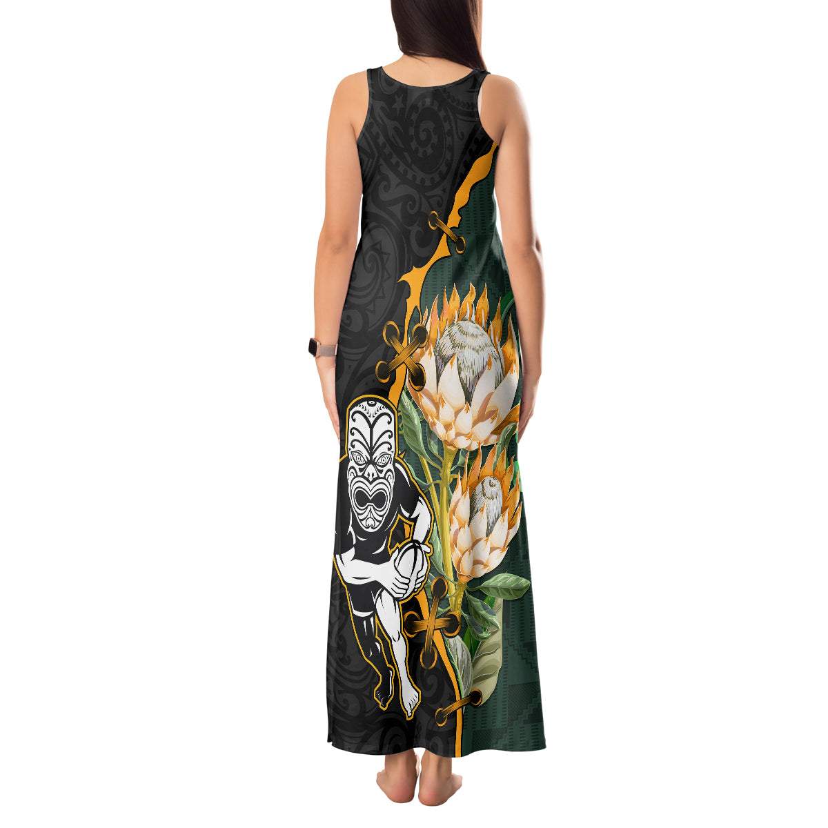 Custom South Africa Protea and New Zealand Tank Maxi Dress Go All Black-Springboks Rugby with Kente And Maori LT9