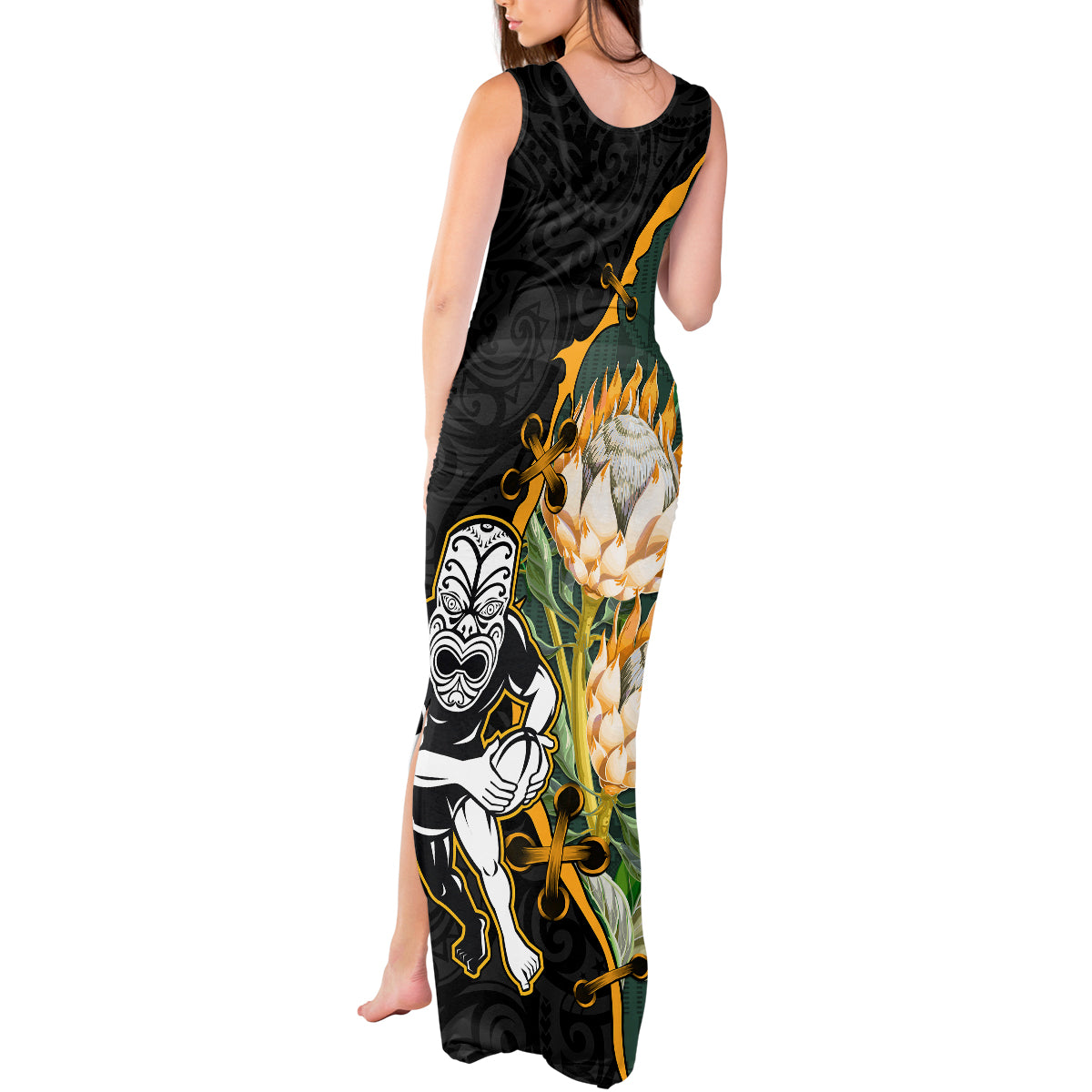 Custom South Africa Protea and New Zealand Tank Maxi Dress Go All Black-Springboks Rugby with Kente And Maori LT9