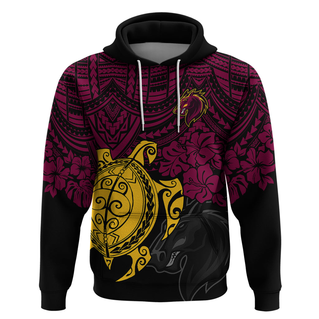 Custom Broncos Rugby Hoodie Brisbane Hibiscus and Turtle With Polynesian Pattern LT9 - Vibe Hoodie Shop