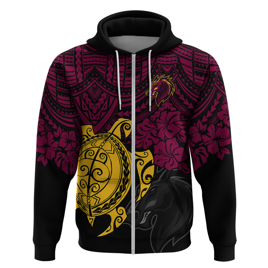 Custom Broncos Rugby Hoodie Brisbane Hibiscus and Turtle With Polynesian Pattern LT9 - Vibe Hoodie Shop