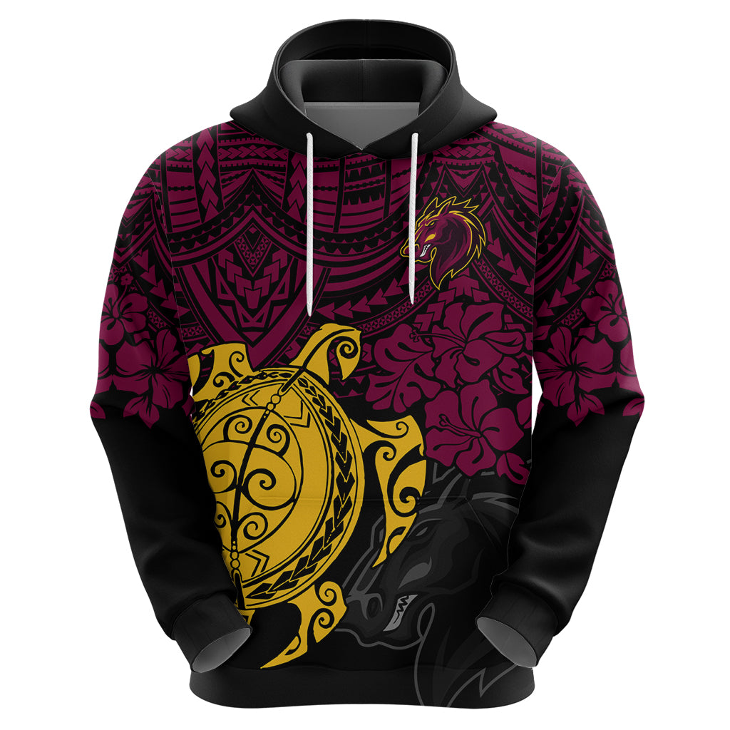 Custom Broncos Rugby Hoodie Brisbane Hibiscus and Turtle With Polynesian Pattern LT9 - Vibe Hoodie Shop