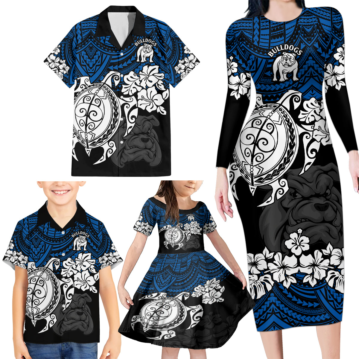 custom-bulldogs-rugby-family-matching-long-sleeve-bodycon-dress-and-hawaiian-shirt-berries-hibiscus-and-turtle-with-polynesian-pattern