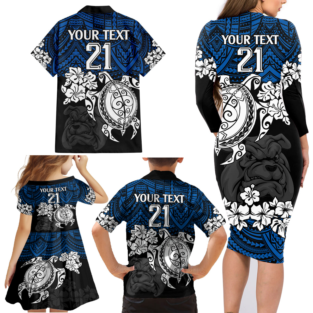 custom-bulldogs-rugby-family-matching-long-sleeve-bodycon-dress-and-hawaiian-shirt-berries-hibiscus-and-turtle-with-polynesian-pattern