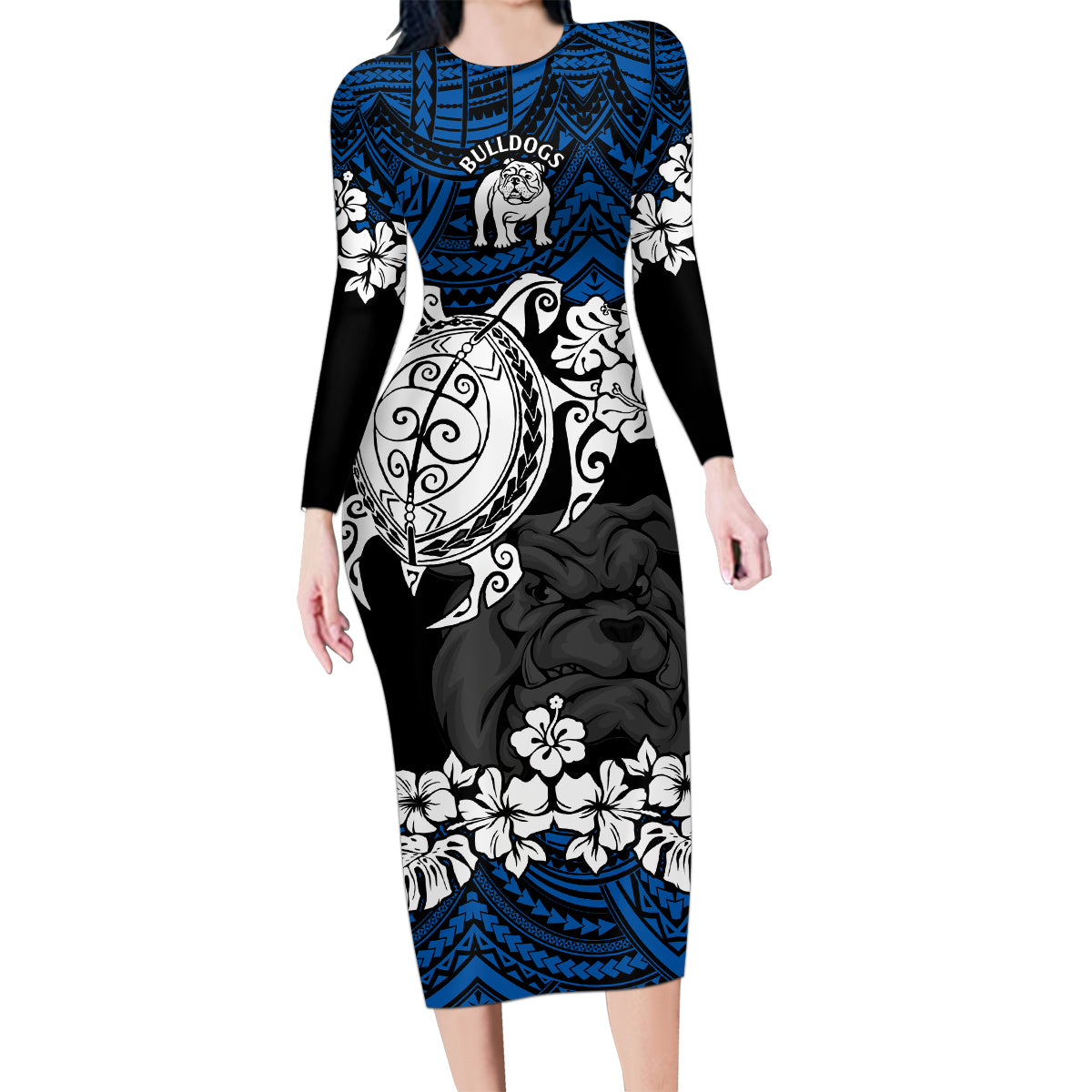 custom-bulldogs-rugby-family-matching-long-sleeve-bodycon-dress-and-hawaiian-shirt-berries-hibiscus-and-turtle-with-polynesian-pattern