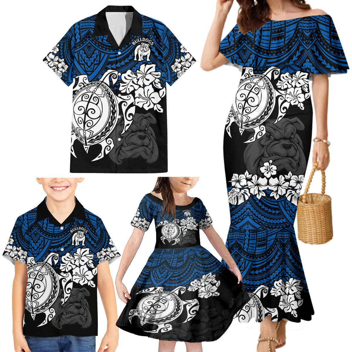 custom-bulldogs-rugby-family-matching-mermaid-dress-and-hawaiian-shirt-berries-hibiscus-and-turtle-with-polynesian-pattern