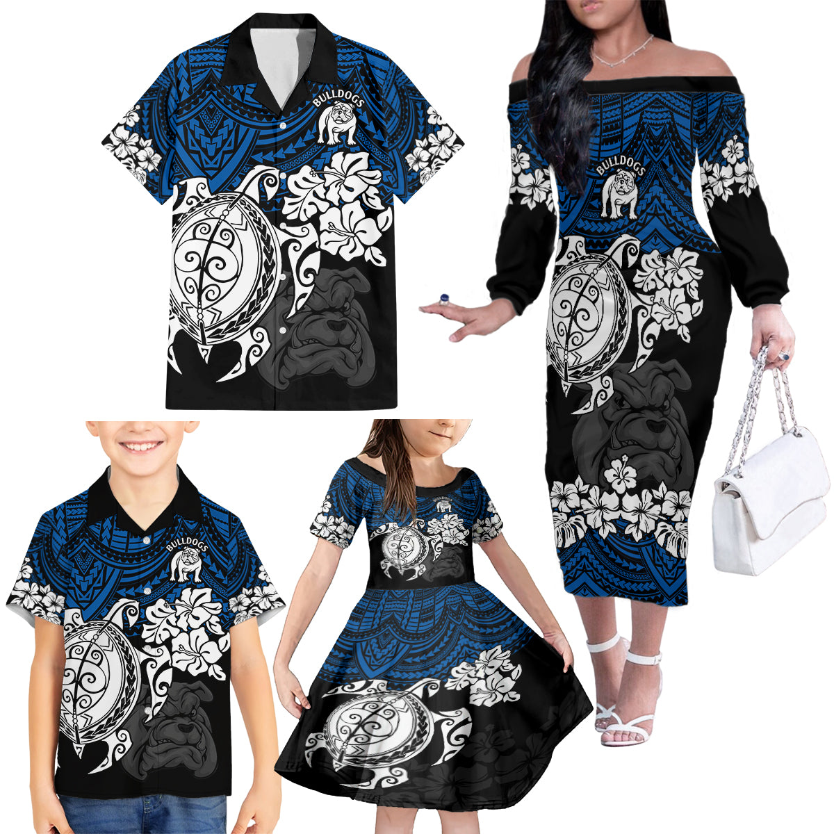 custom-bulldogs-rugby-family-matching-off-shoulder-long-sleeve-dress-and-hawaiian-shirt-berries-hibiscus-and-turtle-with-polynesian-pattern