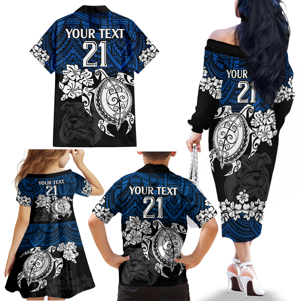 custom-bulldogs-rugby-family-matching-off-shoulder-long-sleeve-dress-and-hawaiian-shirt-berries-hibiscus-and-turtle-with-polynesian-pattern