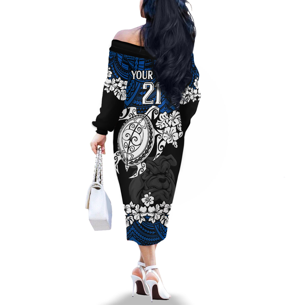 custom-bulldogs-rugby-family-matching-off-shoulder-long-sleeve-dress-and-hawaiian-shirt-berries-hibiscus-and-turtle-with-polynesian-pattern