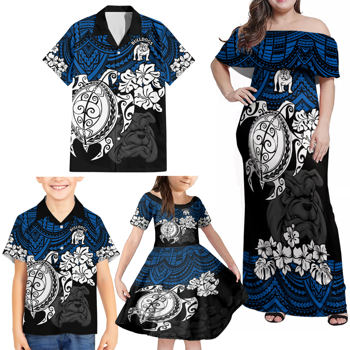 custom-bulldogs-rugby-family-matching-off-shoulder-maxi-dress-and-hawaiian-shirt-berries-hibiscus-and-turtle-with-polynesian-pattern