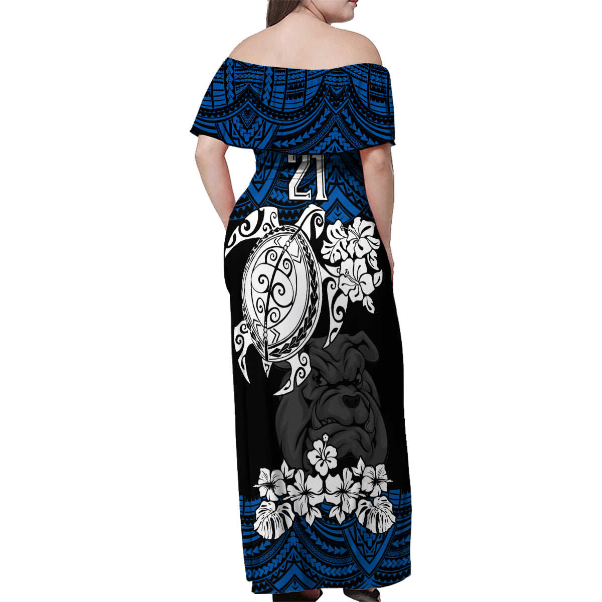 custom-bulldogs-rugby-family-matching-off-shoulder-maxi-dress-and-hawaiian-shirt-berries-hibiscus-and-turtle-with-polynesian-pattern