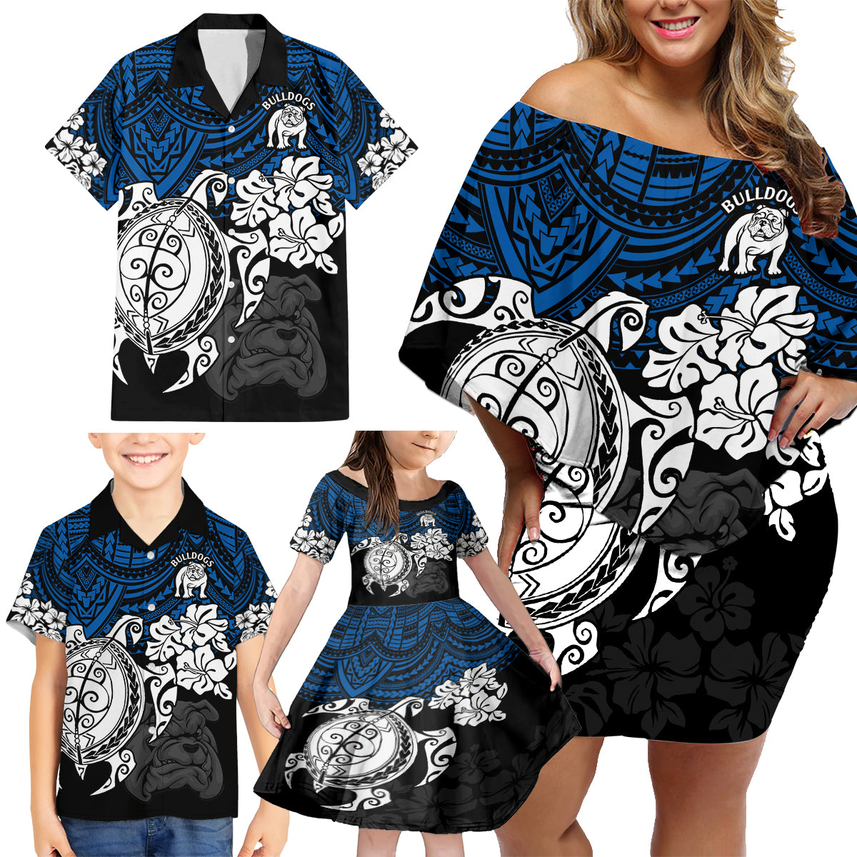 custom-bulldogs-rugby-family-matching-off-shoulder-short-dress-and-hawaiian-shirt-berries-hibiscus-and-turtle-with-polynesian-pattern