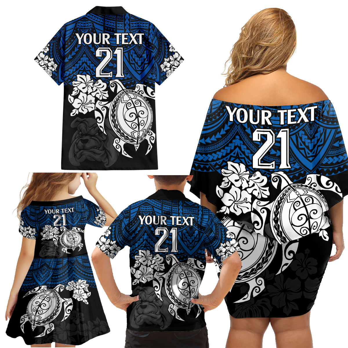 custom-bulldogs-rugby-family-matching-off-shoulder-short-dress-and-hawaiian-shirt-berries-hibiscus-and-turtle-with-polynesian-pattern