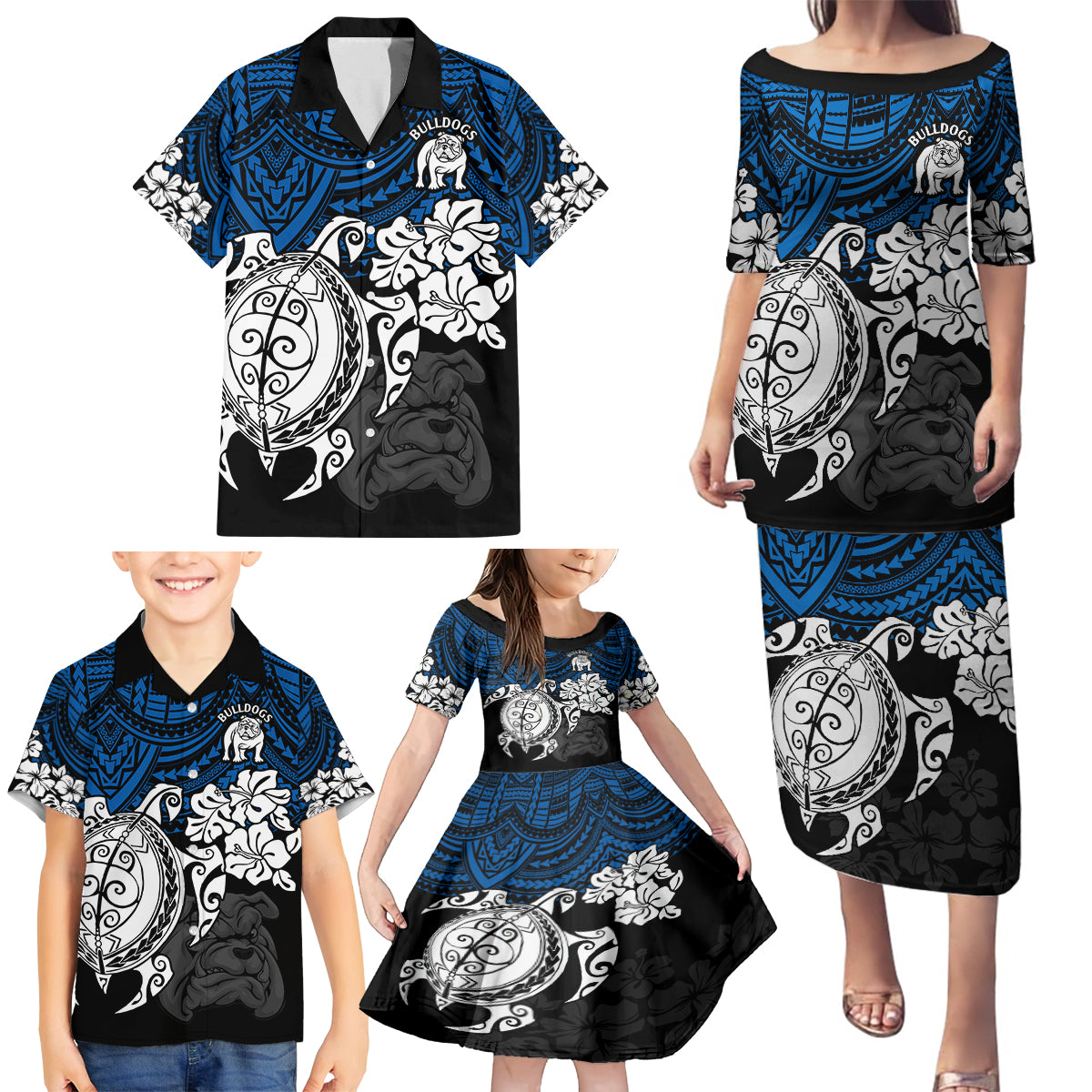 custom-bulldogs-rugby-family-matching-puletasi-dress-and-hawaiian-shirt-berries-hibiscus-and-turtle-with-polynesian-pattern