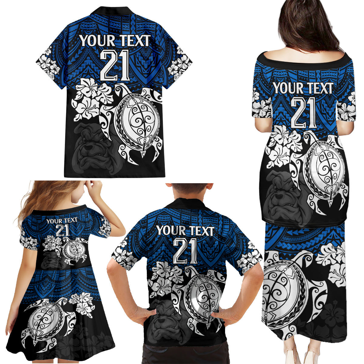 custom-bulldogs-rugby-family-matching-puletasi-dress-and-hawaiian-shirt-berries-hibiscus-and-turtle-with-polynesian-pattern