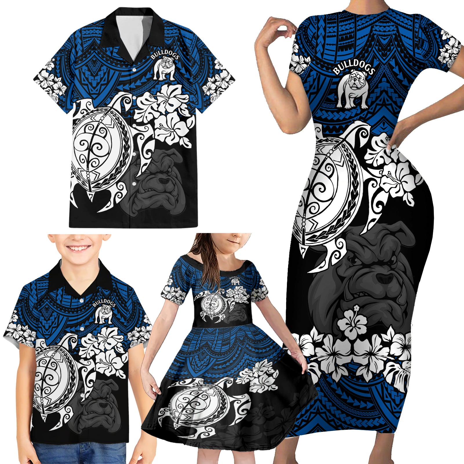 custom-bulldogs-rugby-family-matching-short-sleeve-bodycon-dress-and-hawaiian-shirt-berries-hibiscus-and-turtle-with-polynesian-pattern