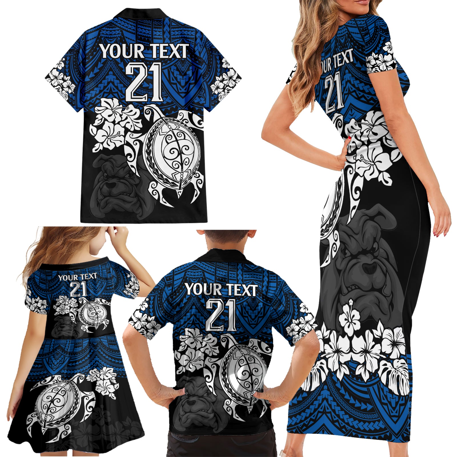 custom-bulldogs-rugby-family-matching-short-sleeve-bodycon-dress-and-hawaiian-shirt-berries-hibiscus-and-turtle-with-polynesian-pattern