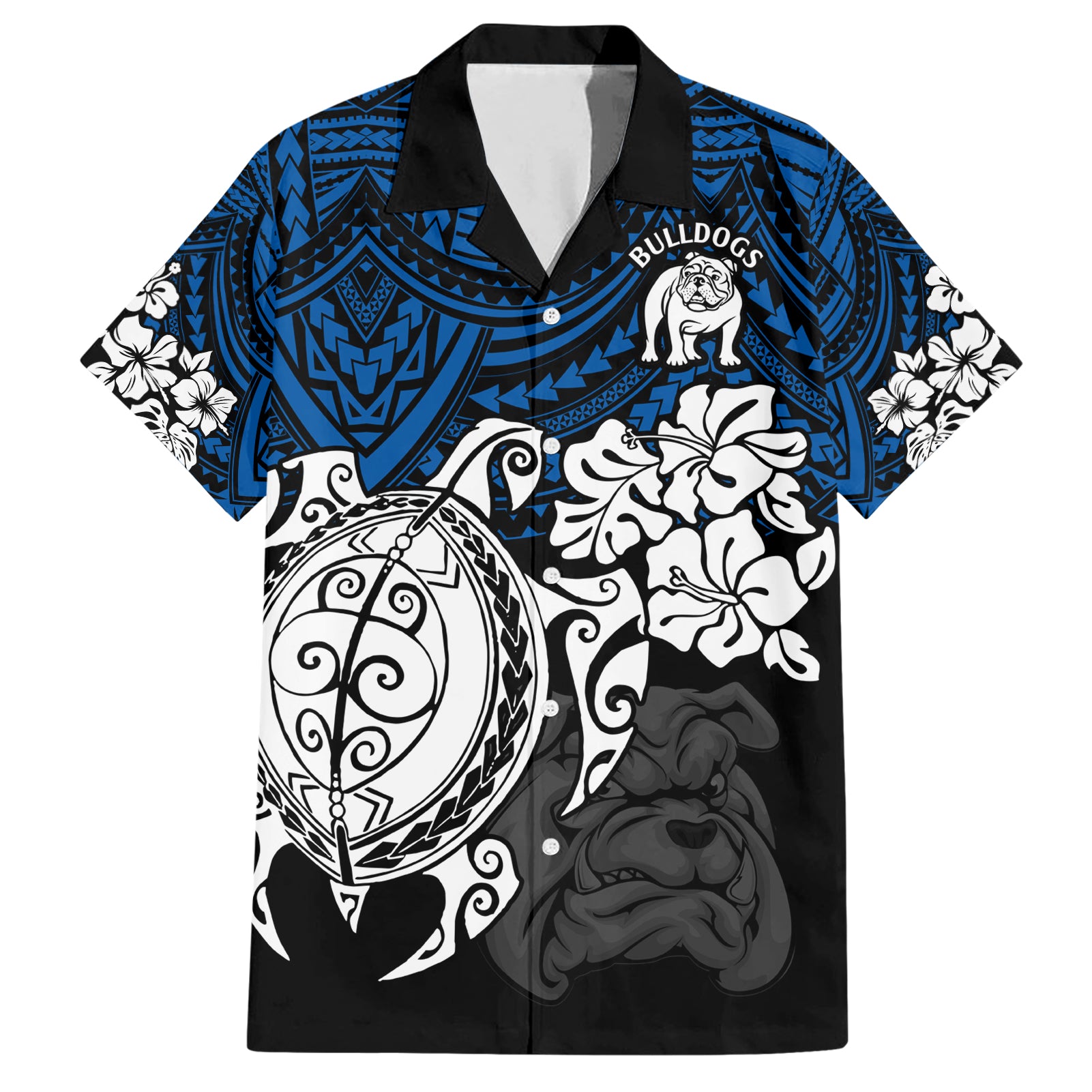 custom-bulldogs-rugby-family-matching-short-sleeve-bodycon-dress-and-hawaiian-shirt-berries-hibiscus-and-turtle-with-polynesian-pattern